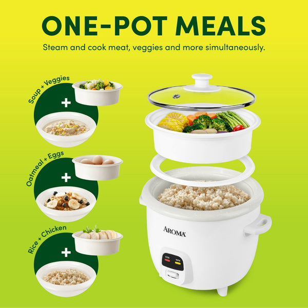 Aroma 6-Cup Rice Cooker & Food Steamer (White) - Refurbished